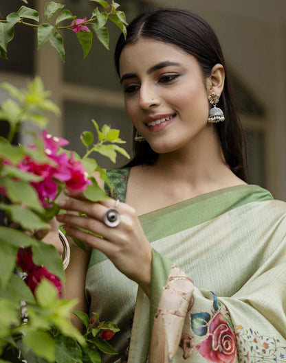 Dusty Green Tussar Silk Printed Saree
