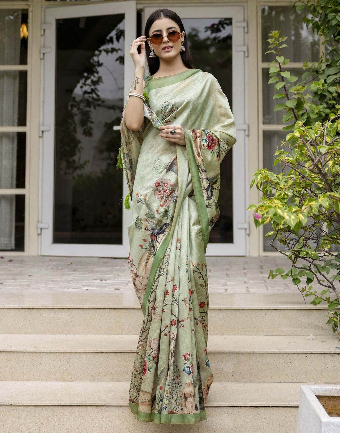 Dusty Green Tussar Silk Printed Saree