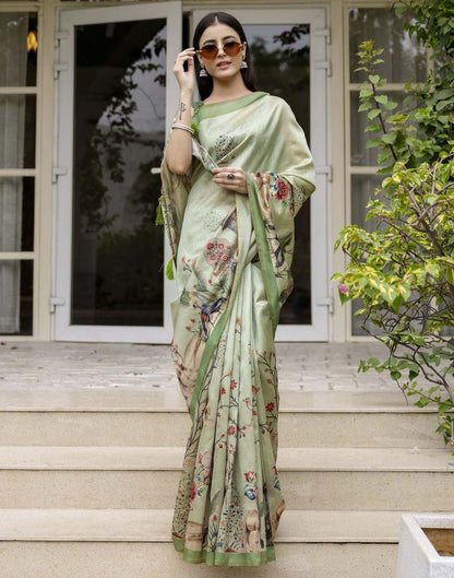 Dusty Green Tussar Silk Printed Saree