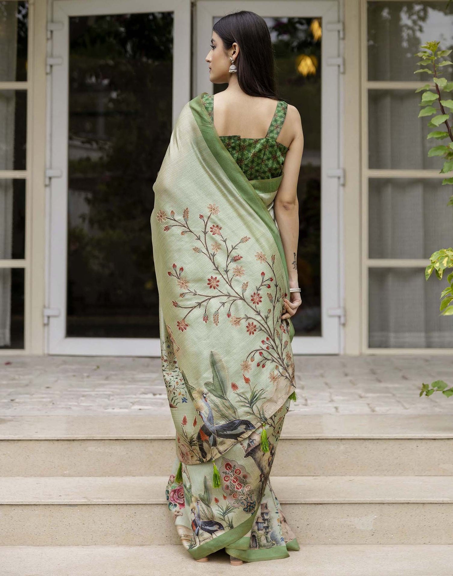 Dusty Green Tussar Silk Printed Saree