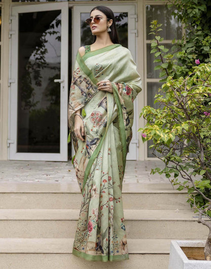 Dusty Green Tussar Silk Printed Saree