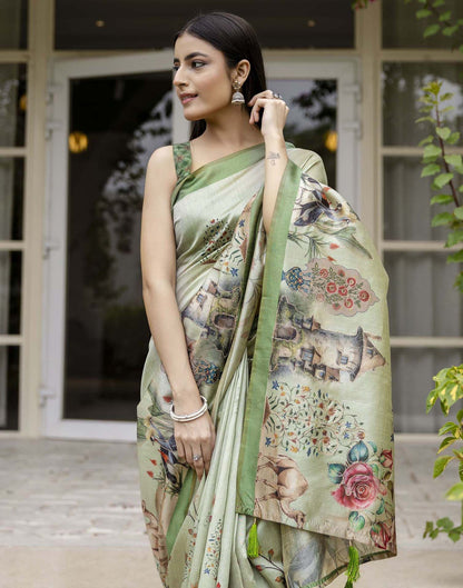 Dusty Green Tussar Silk Printed Saree