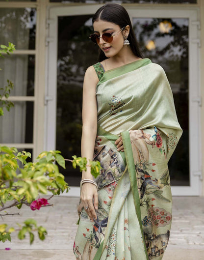Dusty Green Tussar Silk Printed Saree