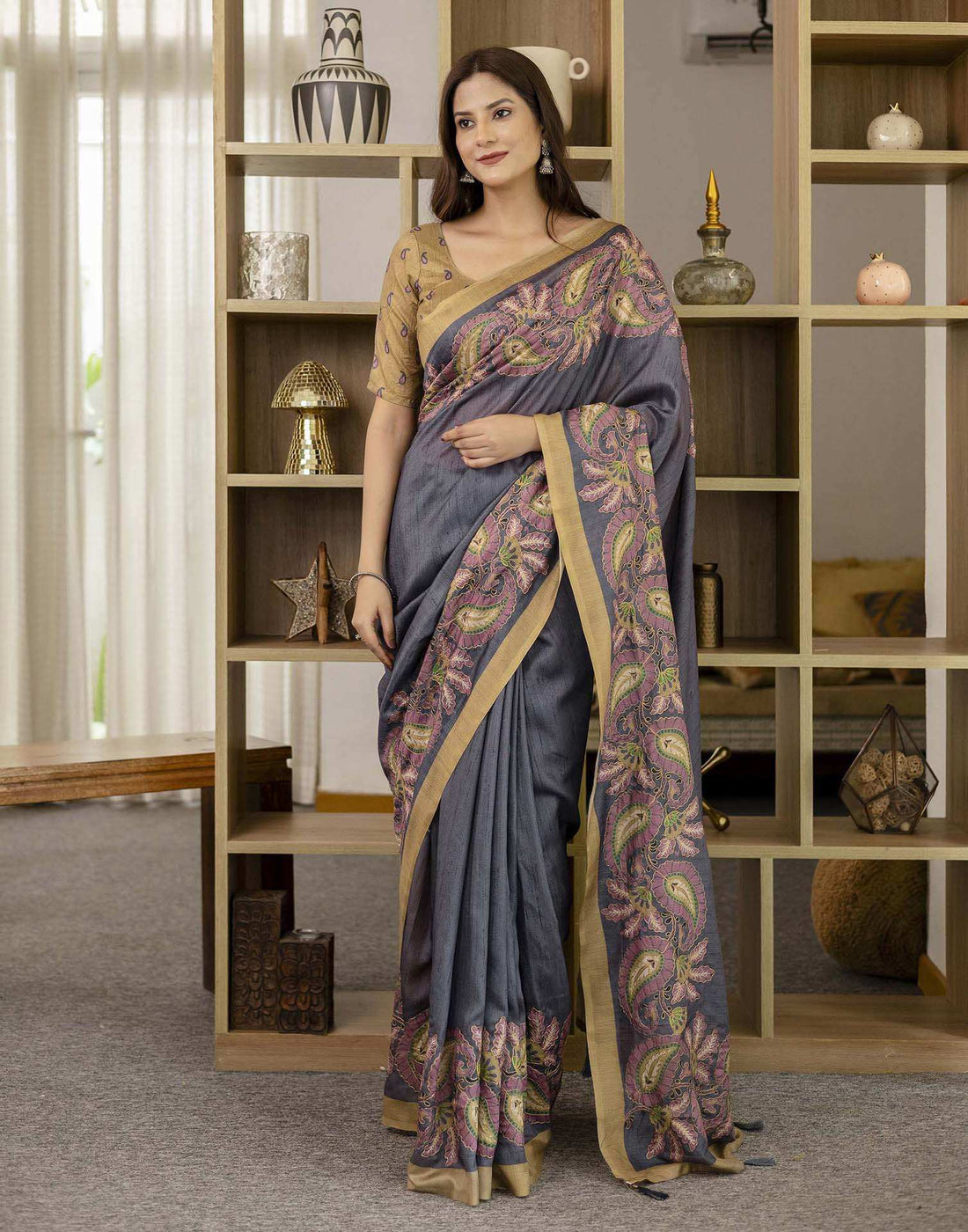 Dark Grey Tussar Silk Printed Saree