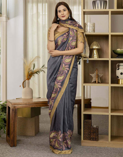 Dark Grey Tussar Silk Printed Saree