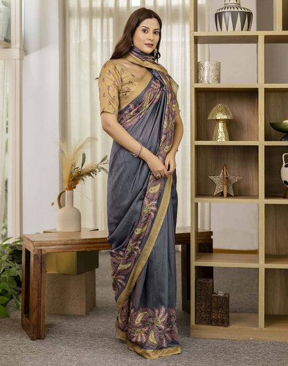 Dark Grey Tussar Silk Printed Saree