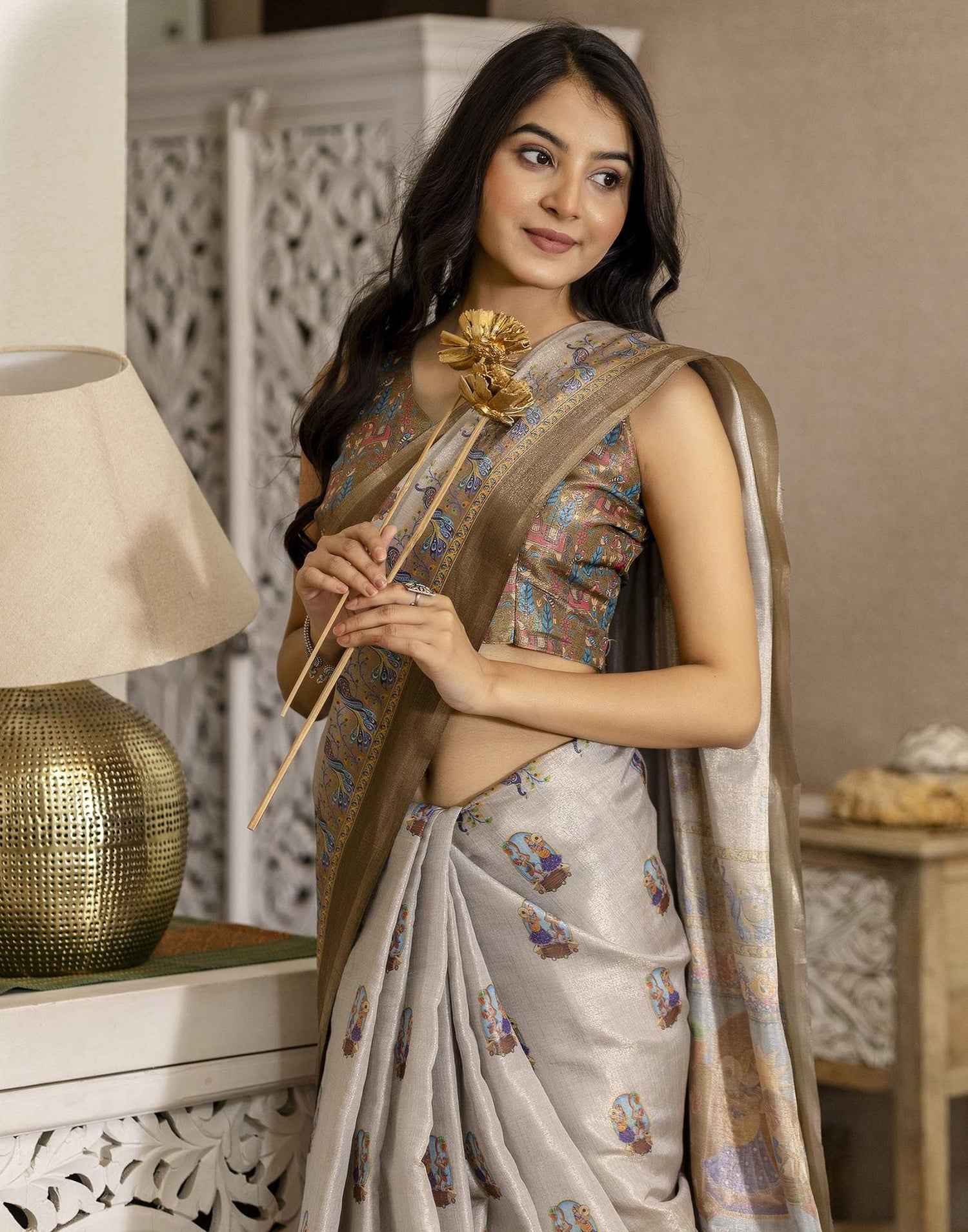 Grey Cotton Printed Saree