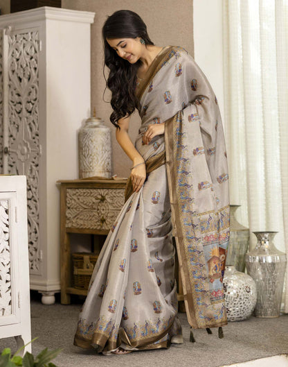 Grey Cotton Printed Saree