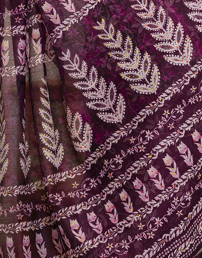 Wine Chanderi Floral Printed  Saree