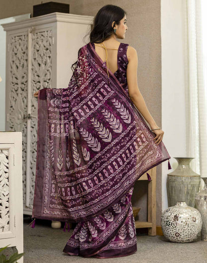 Wine Chanderi Floral Printed  Saree