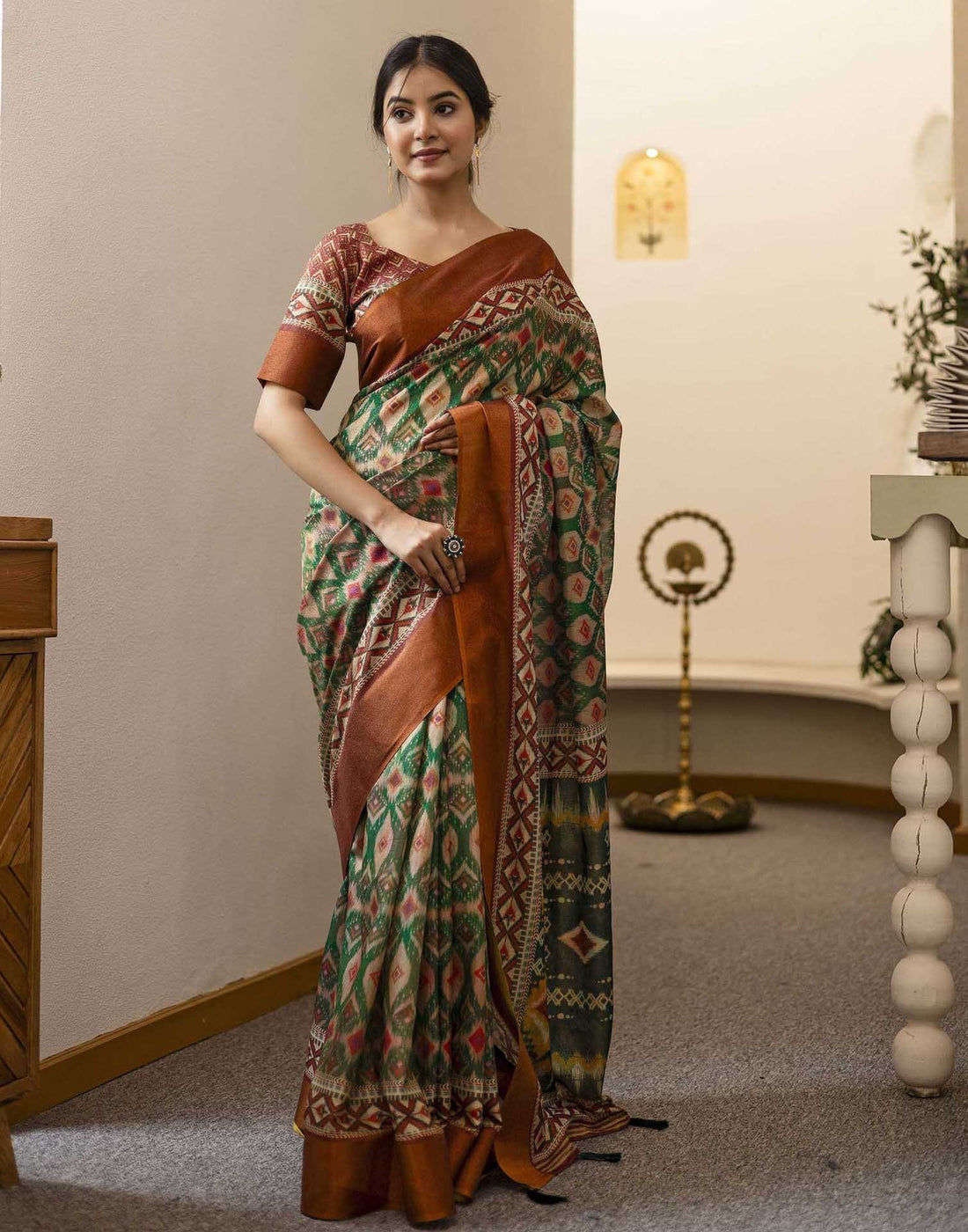 Dark Green Shimmer Silk Printed Saree