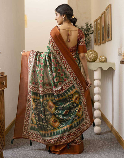 Dark Green Shimmer Silk Printed Saree