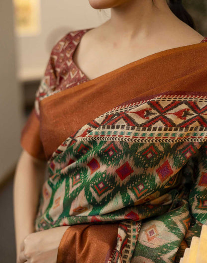 Dark Green Shimmer Silk Printed Saree