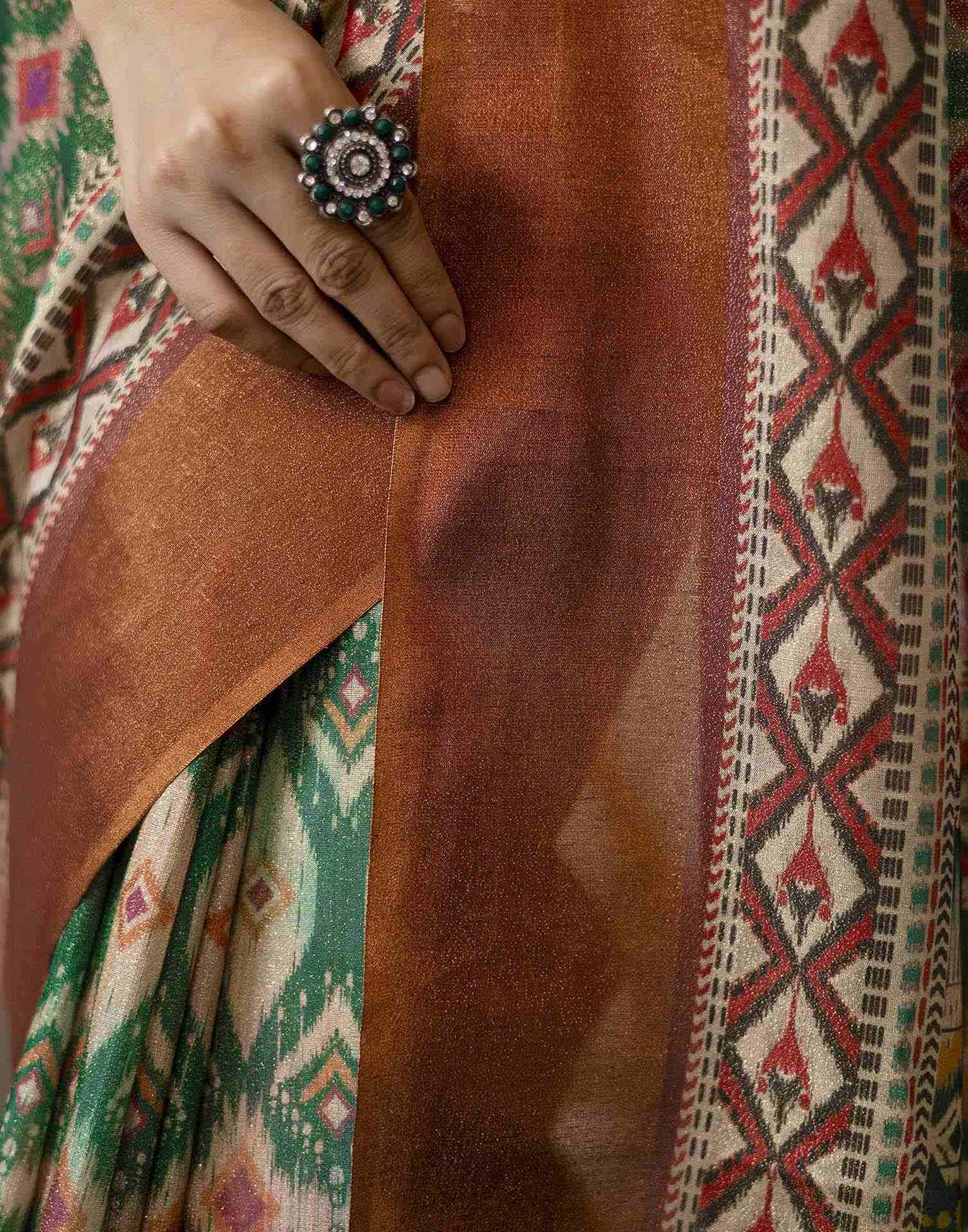 Dark Green Shimmer Silk Printed Saree