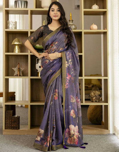 Dark Blue Shimmer Silk Floral Printed  Saree