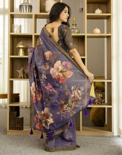 Dark Blue Shimmer Silk Floral Printed  Saree