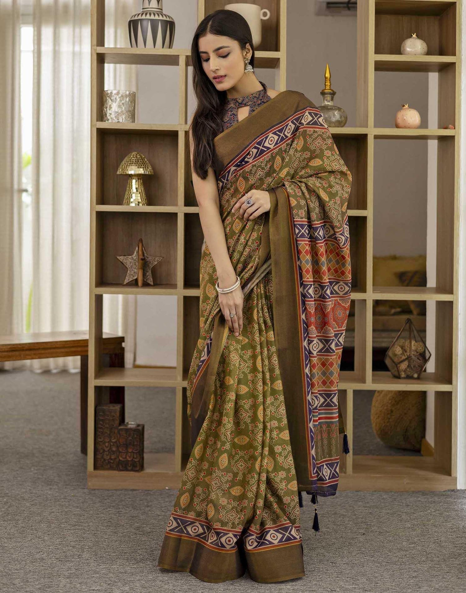 Green Shimmer Silk Printed Saree