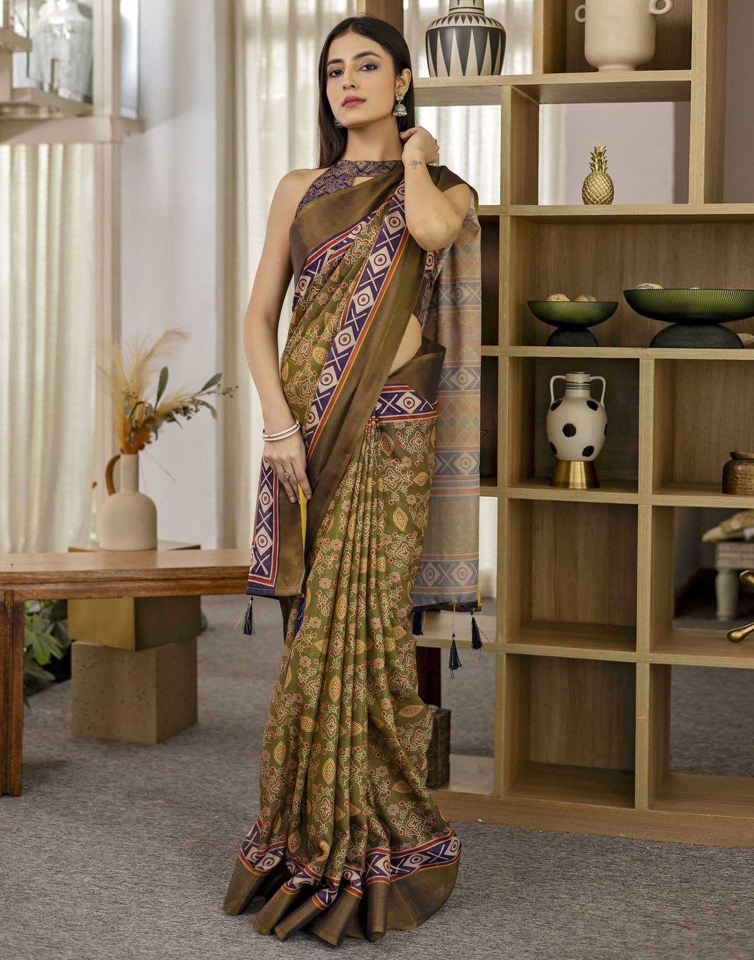 Green Shimmer Silk Printed Saree