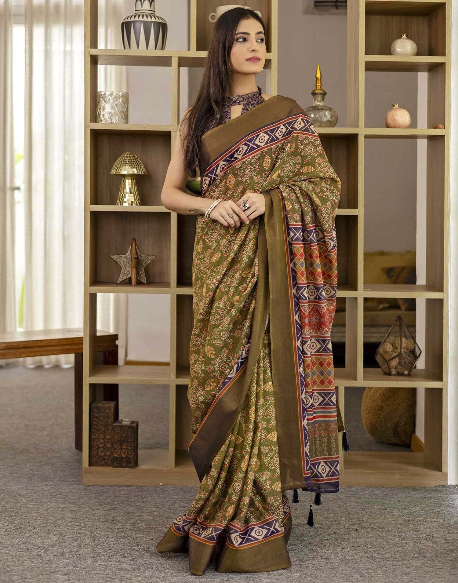 Green Shimmer Silk Printed Saree
