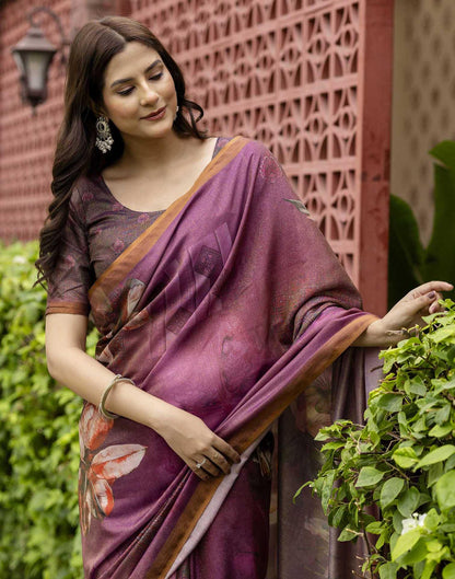 Dusty Wine Shimmer Silk Floral Printed  Saree