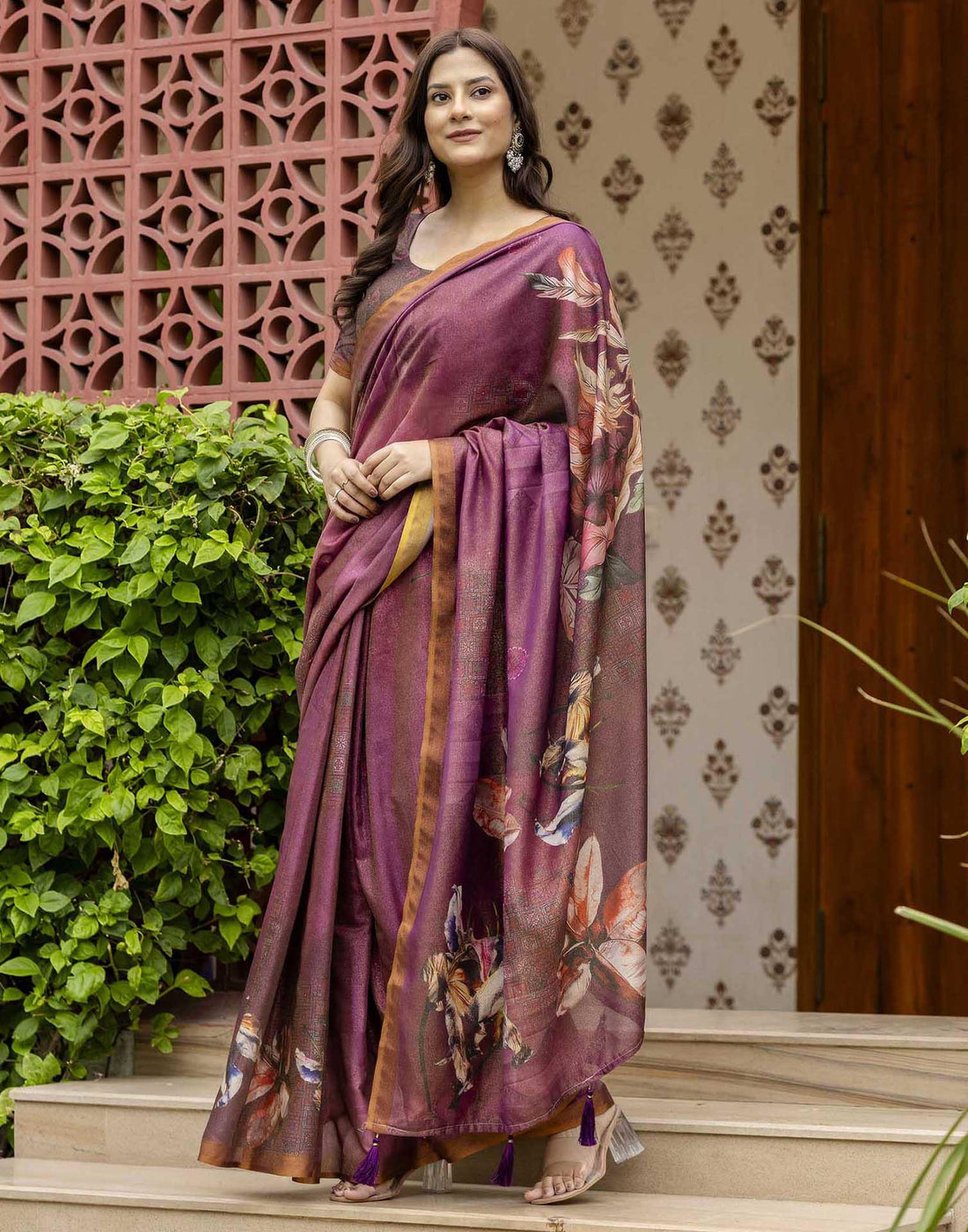 Dusty Wine Shimmer Silk Floral Printed  Saree