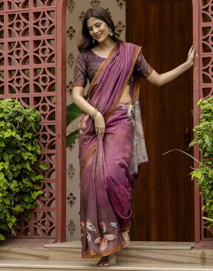 Dusty Wine Shimmer Silk Floral Printed  Saree