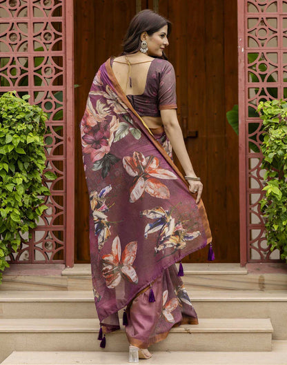 Dusty Wine Shimmer Silk Floral Printed  Saree