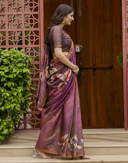 Dusty Wine Shimmer Silk Floral Printed  Saree