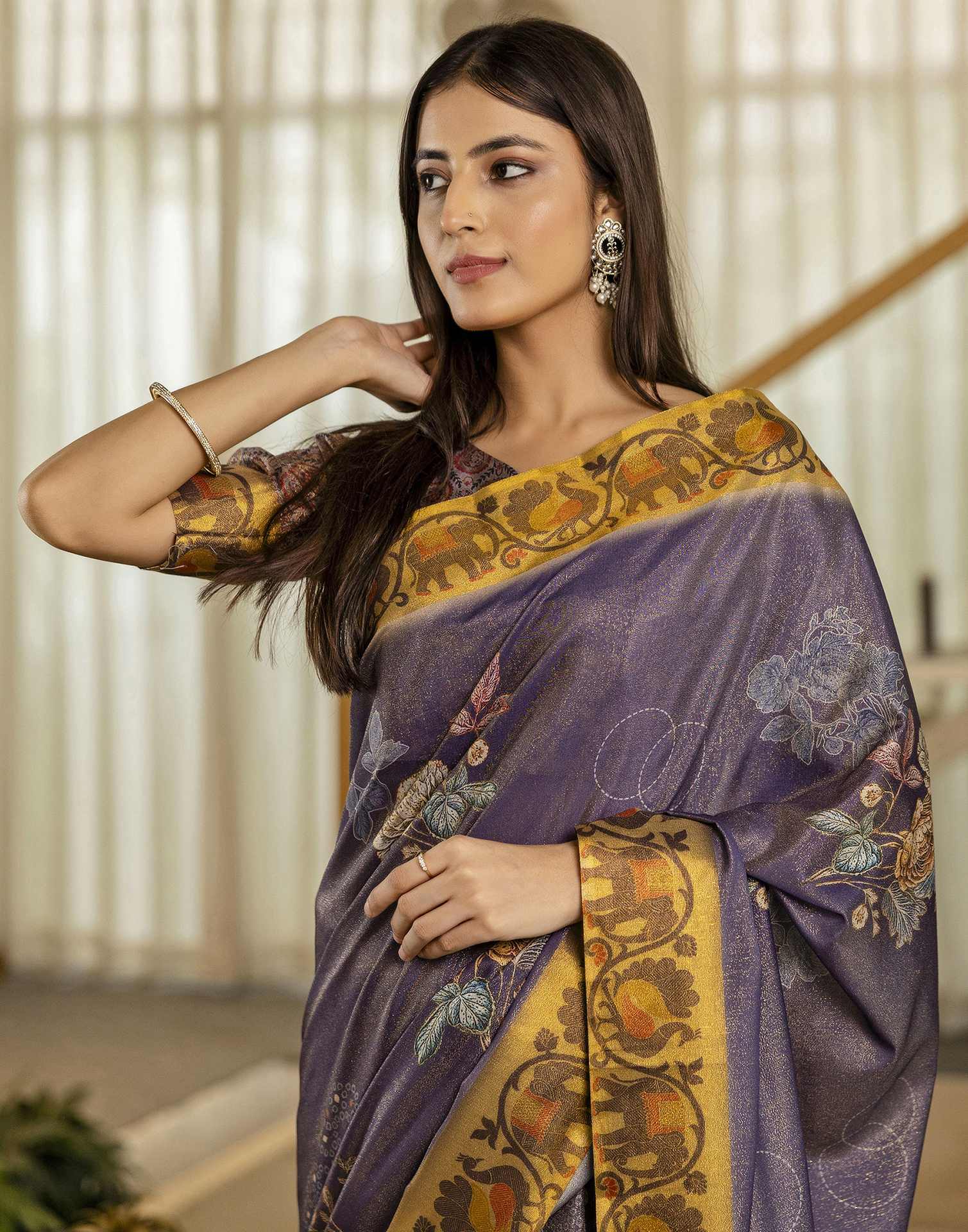 Dark Purple Shimmer Silk Floral Printed  Saree