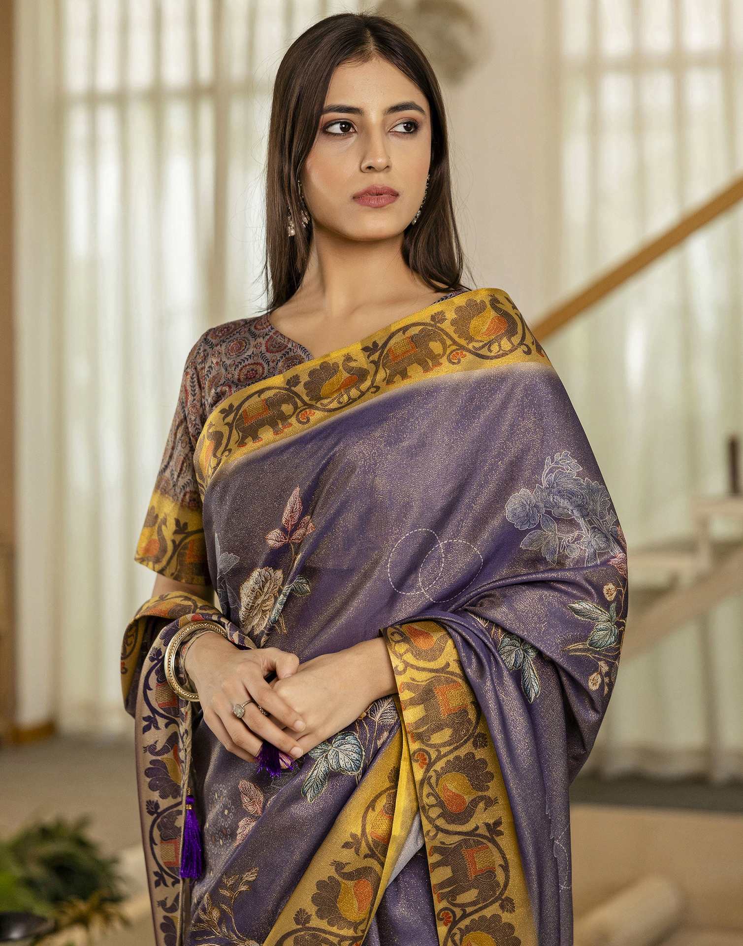 Dark Purple Shimmer Silk Floral Printed  Saree