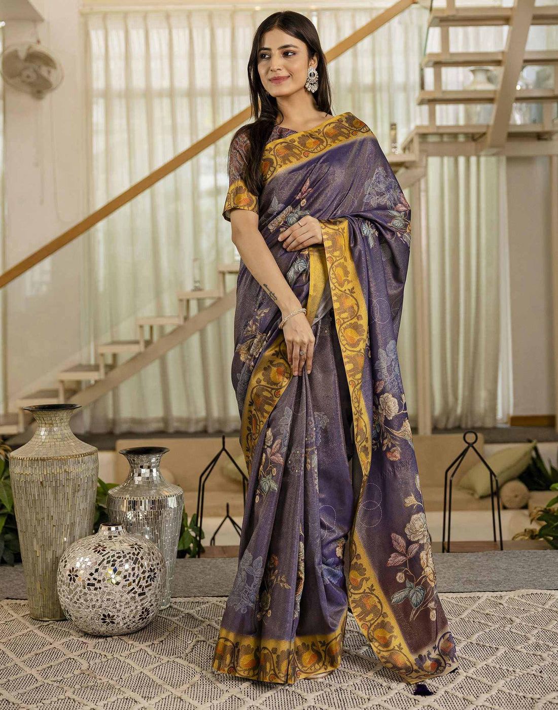 Dark Purple Shimmer Silk Floral Printed  Saree