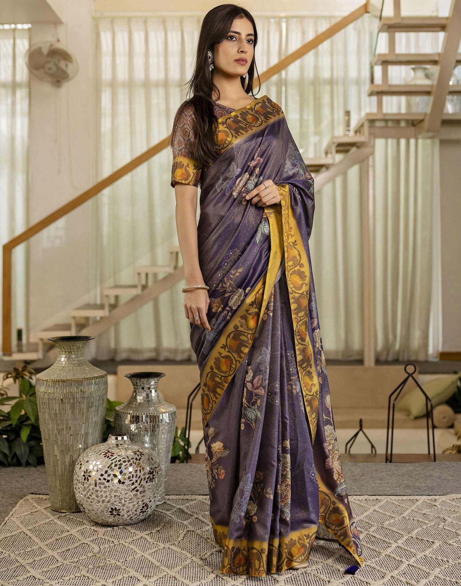 Dark Purple Shimmer Silk Floral Printed  Saree