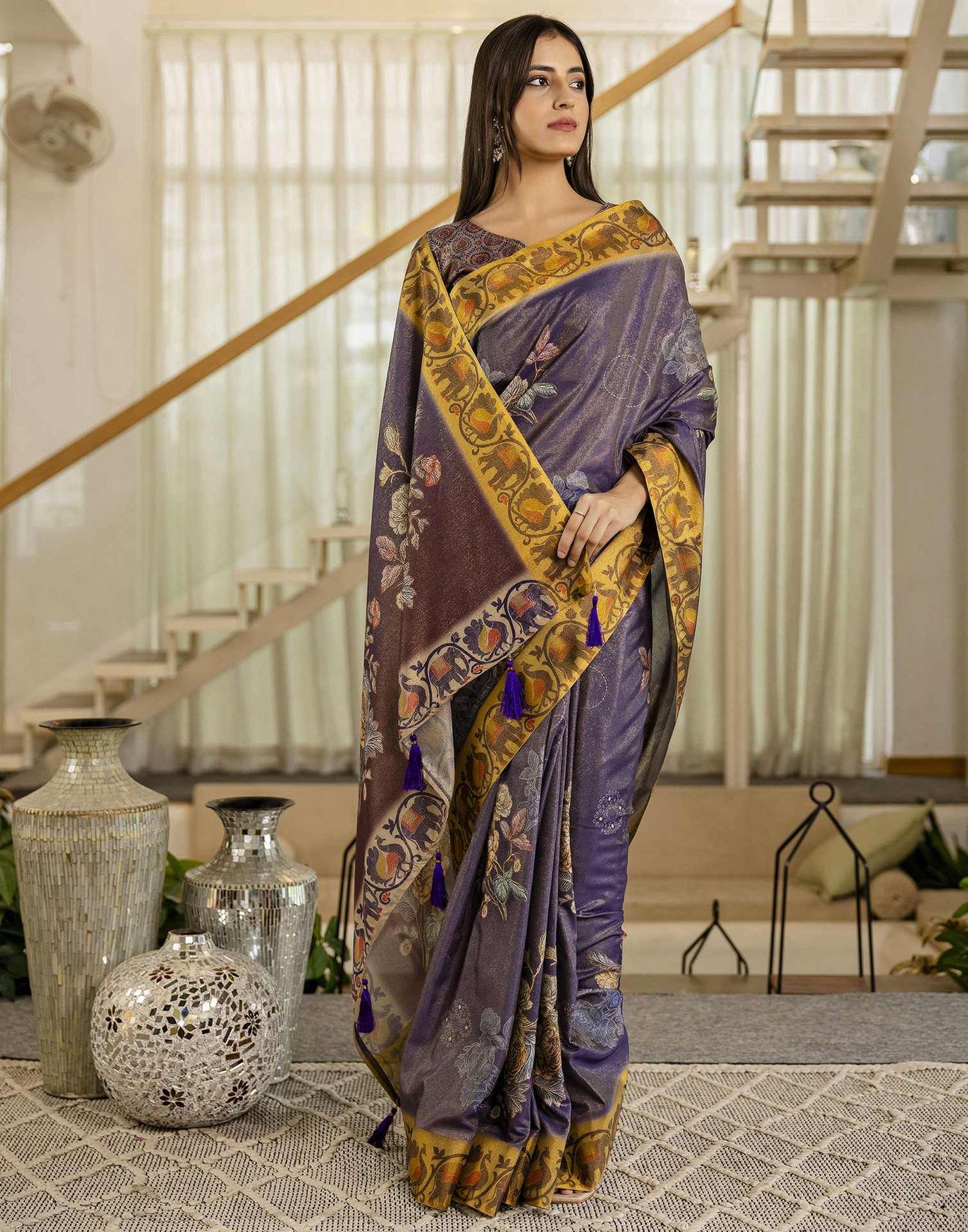 Dark Purple Shimmer Silk Floral Printed  Saree