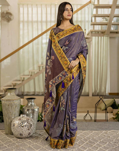 Dark Purple Shimmer Silk Floral Printed  Saree