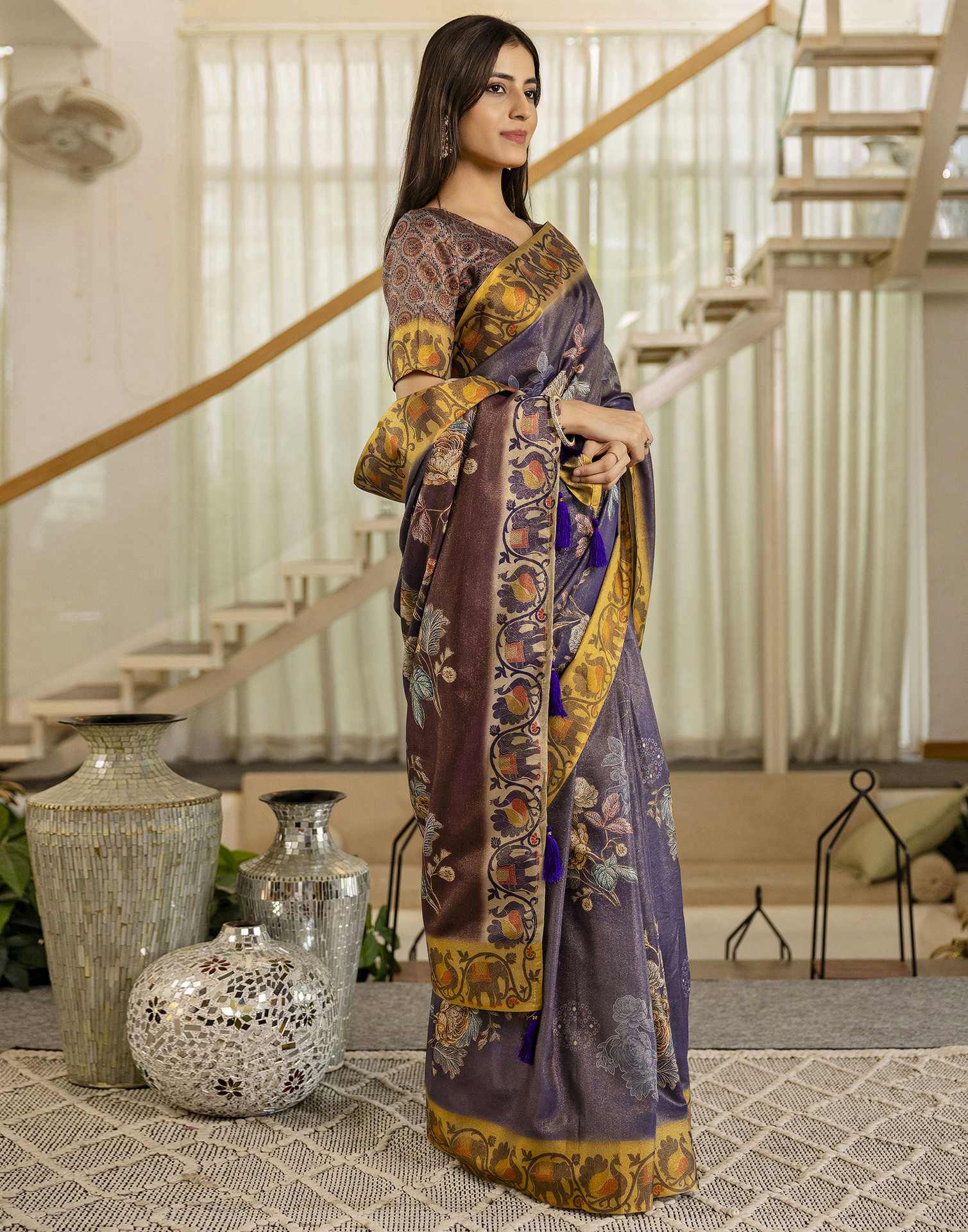 Dark Purple Shimmer Silk Floral Printed  Saree