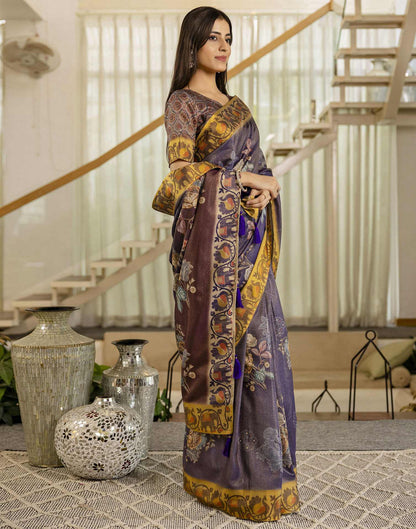 Dark Purple Shimmer Silk Floral Printed  Saree