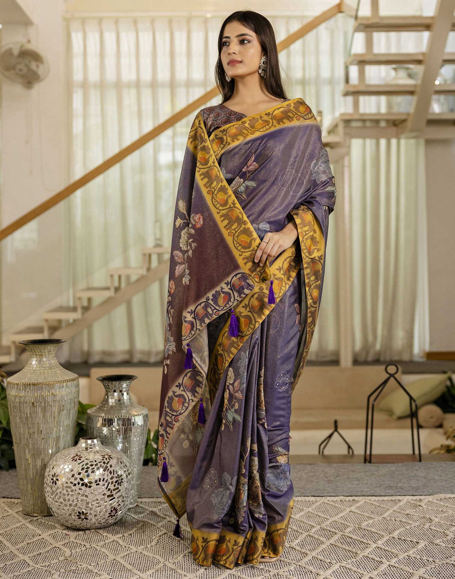 Dark Purple Shimmer Silk Floral Printed  Saree