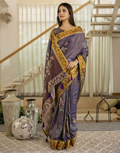 Dark Purple Shimmer Silk Floral Printed  Saree
