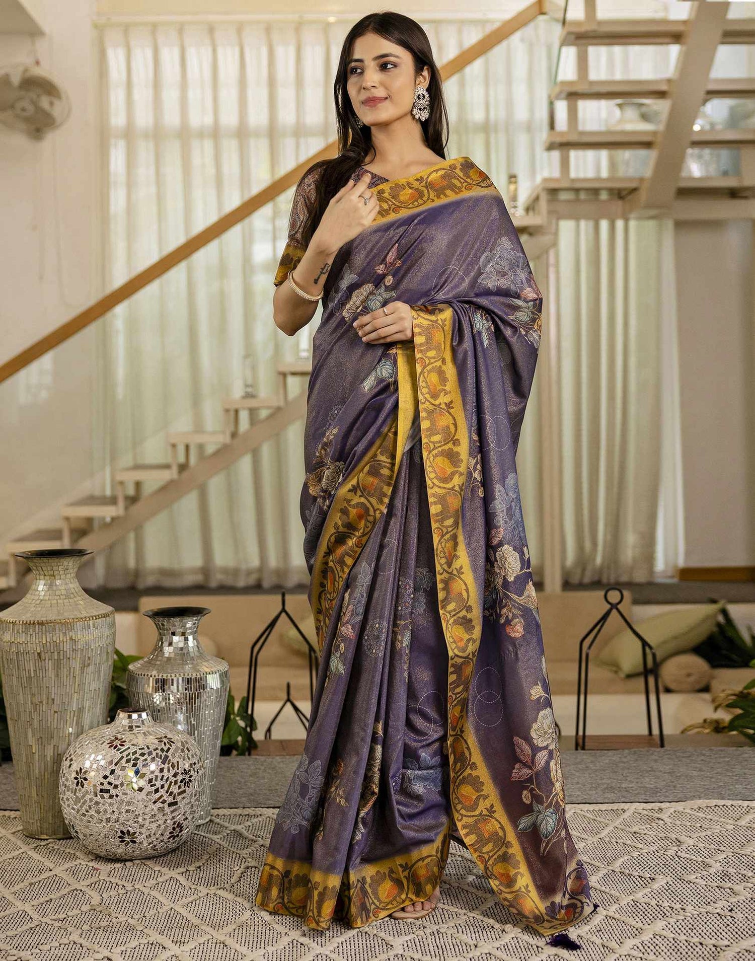 Dark Purple Shimmer Silk Floral Printed  Saree