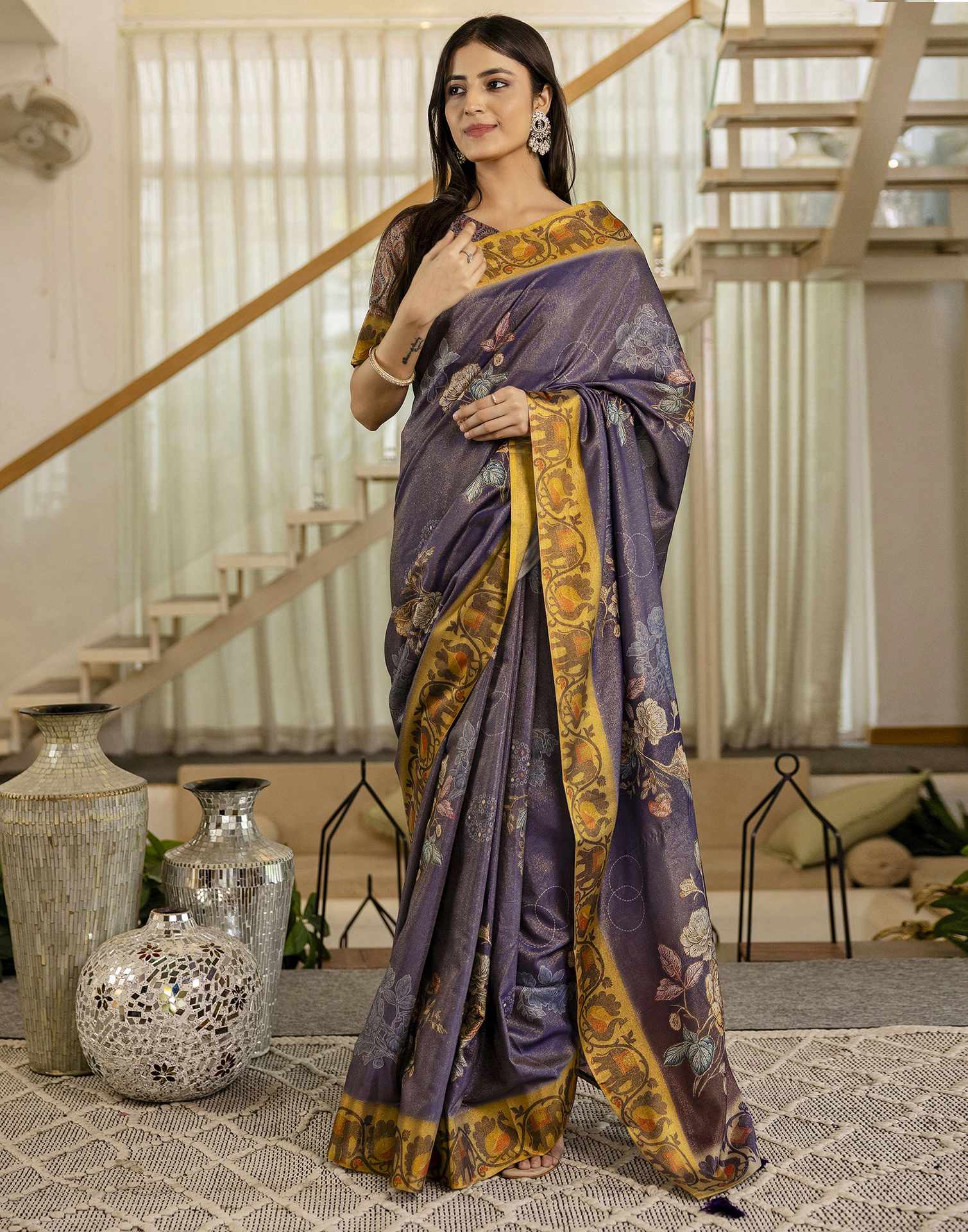 Dark Purple Shimmer Silk Floral Printed  Saree