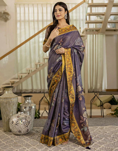 Dark Purple Shimmer Silk Floral Printed  Saree