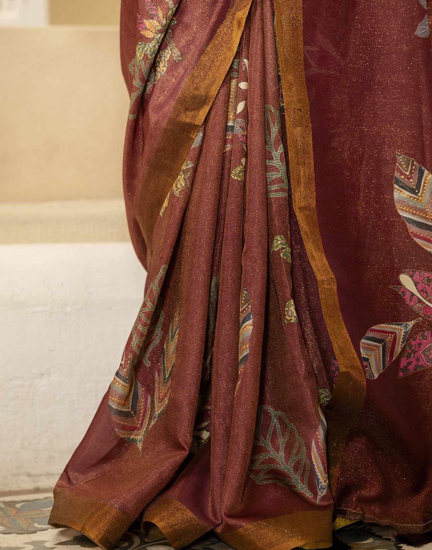 Maroon Shimmer Silk Floral Printed  Saree