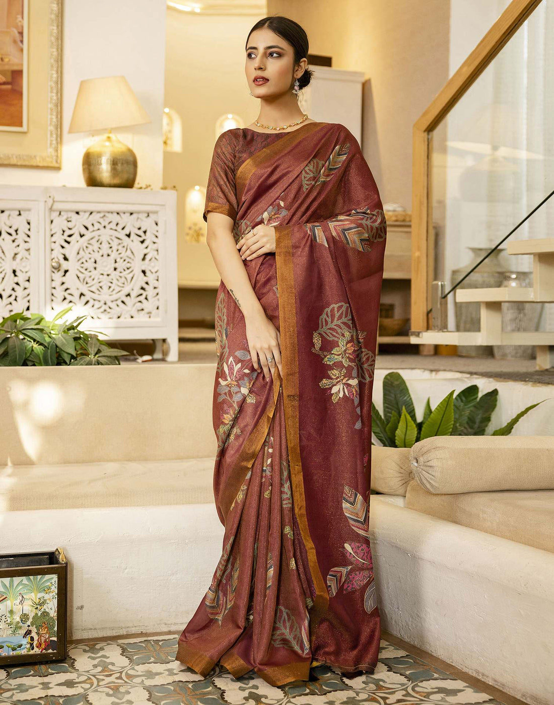 Maroon Shimmer Silk Floral Printed  Saree