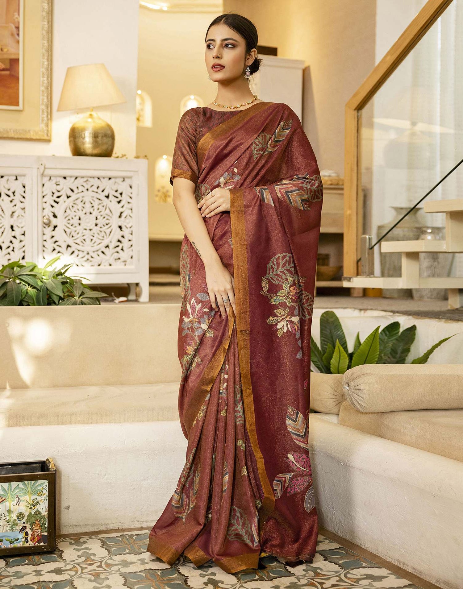 Maroon Shimmer Silk Floral Printed  Saree