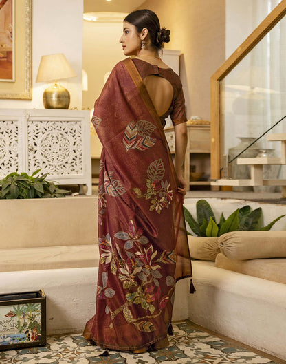 Maroon Shimmer Silk Floral Printed  Saree
