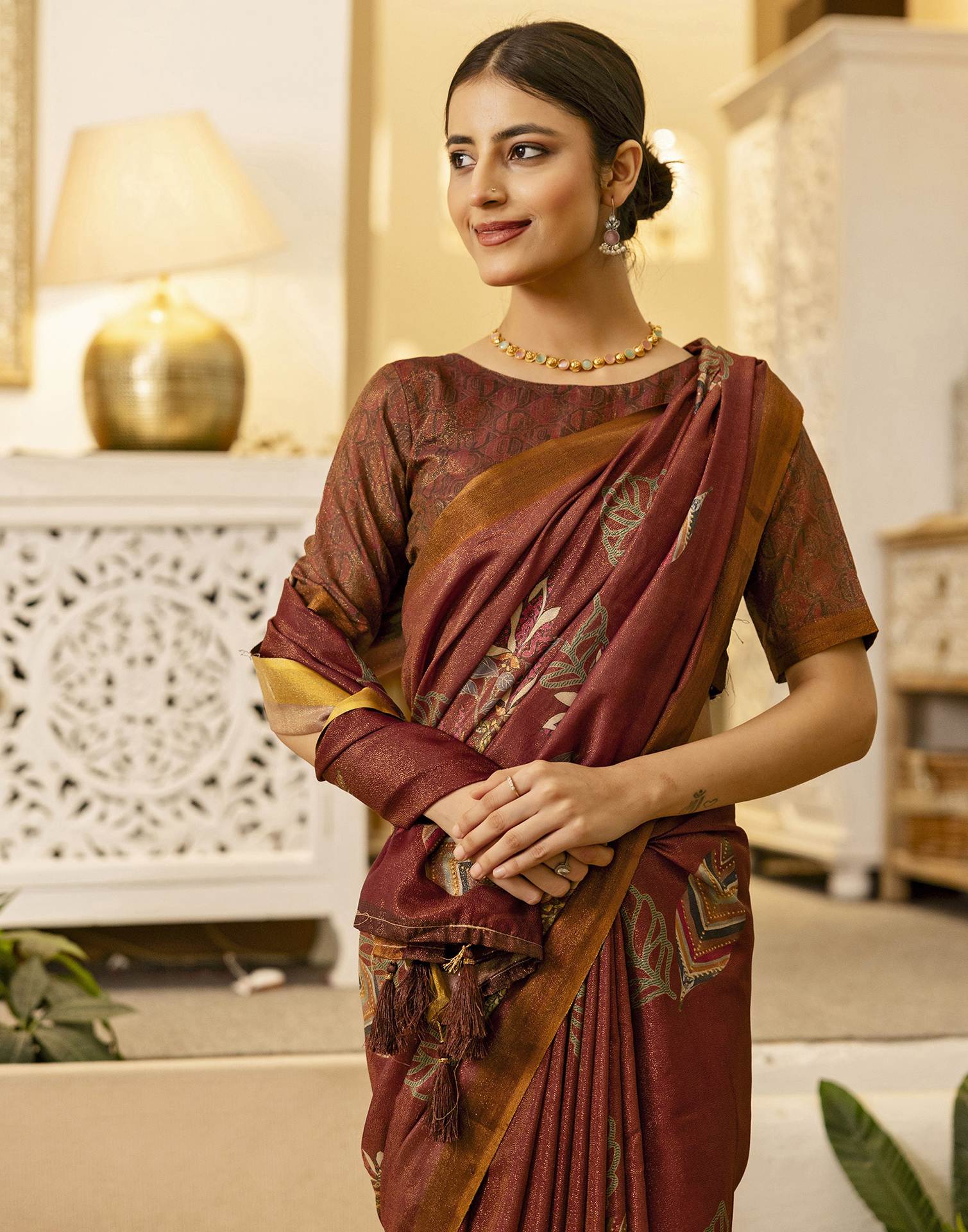 Maroon Shimmer Silk Floral Printed  Saree