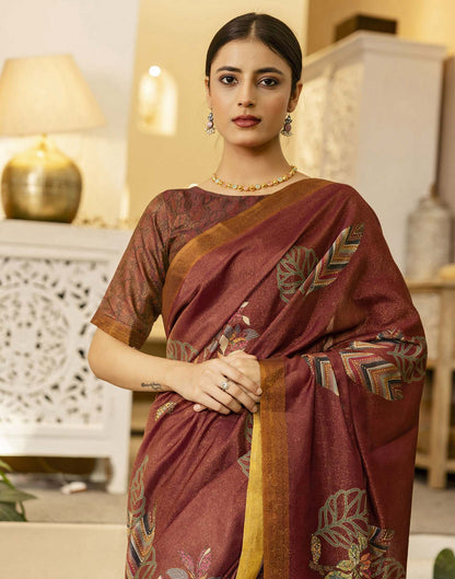 Maroon Shimmer Silk Floral Printed  Saree