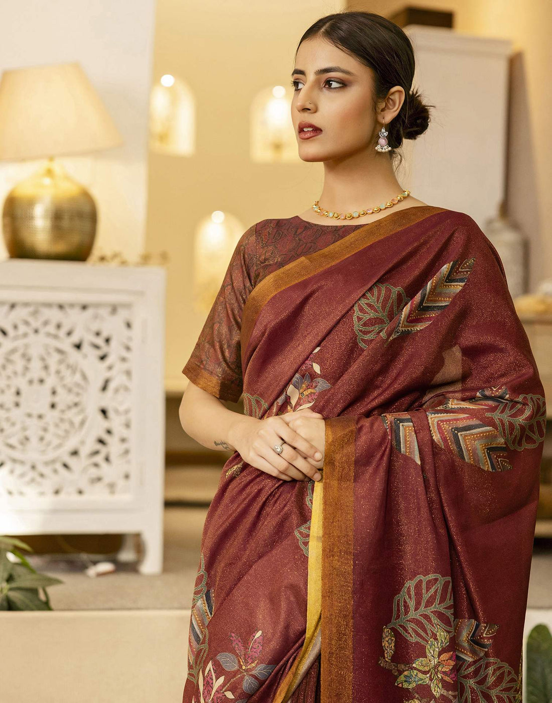 Maroon Shimmer Silk Floral Printed  Saree