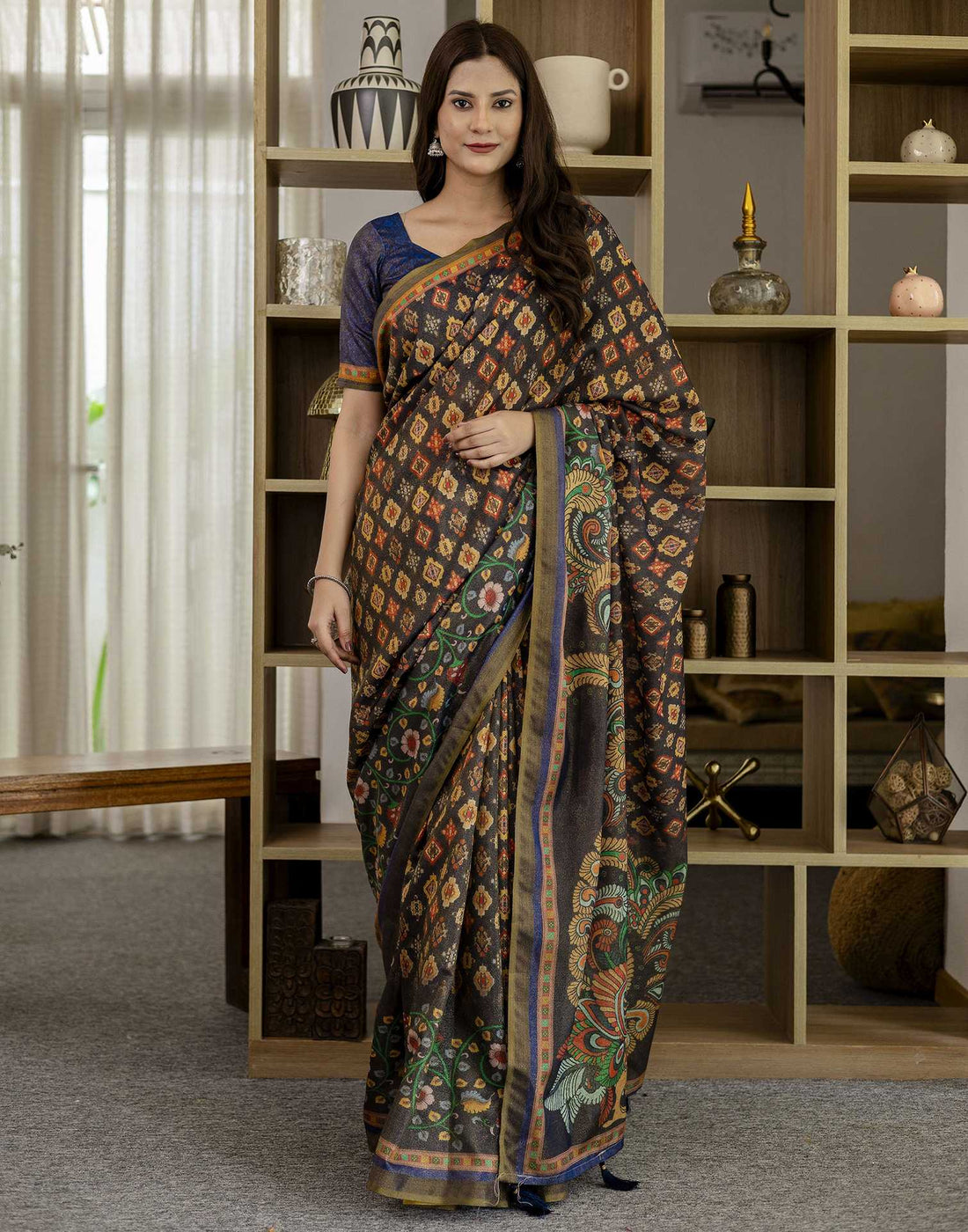 Navy Blue Shimmer Silk Printed Saree