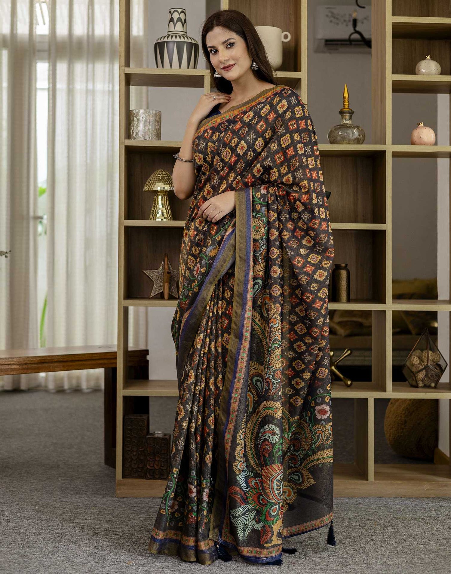 Navy Blue Shimmer Silk Printed Saree